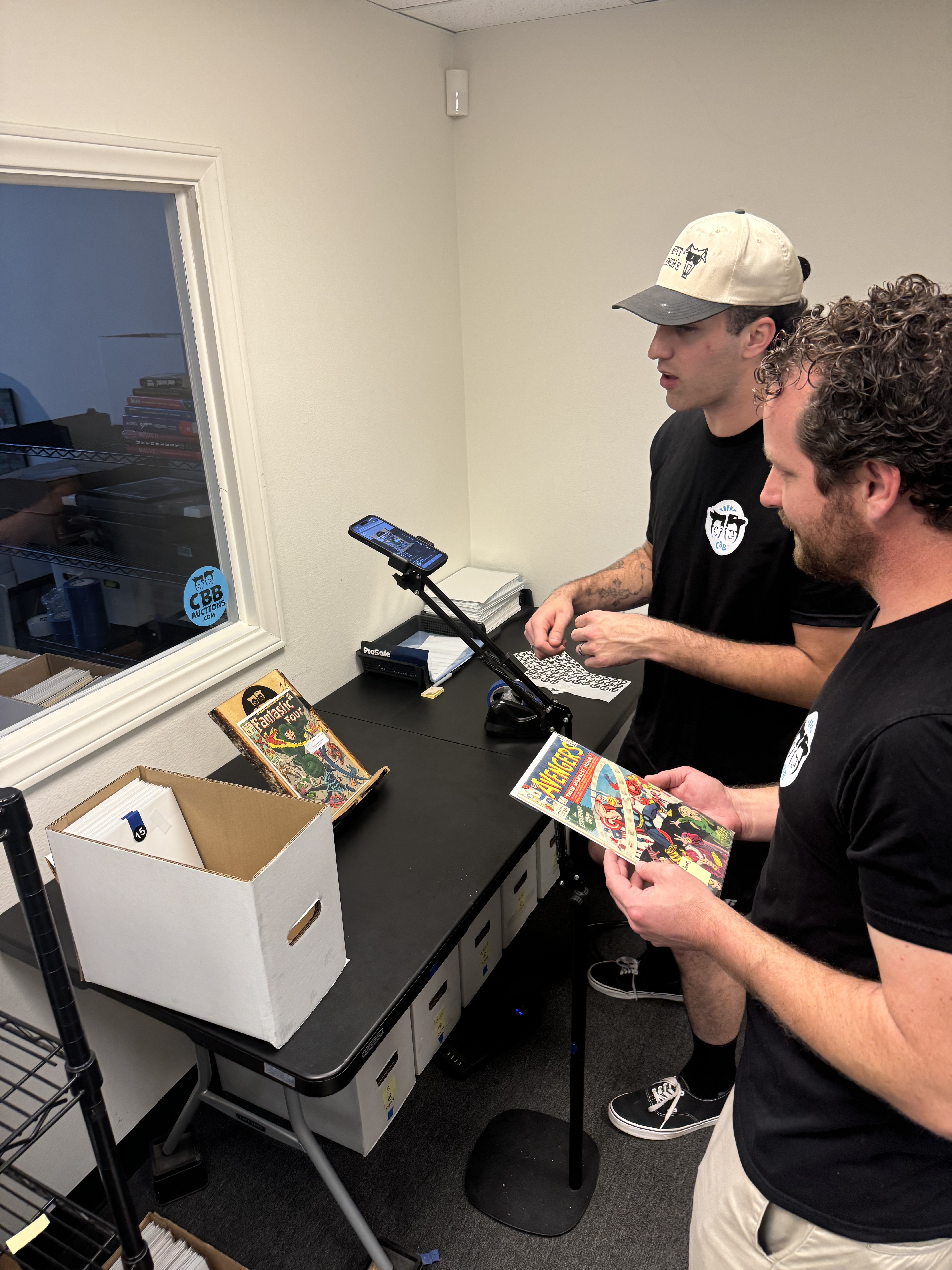 The Comic Book Boys sorting through comics